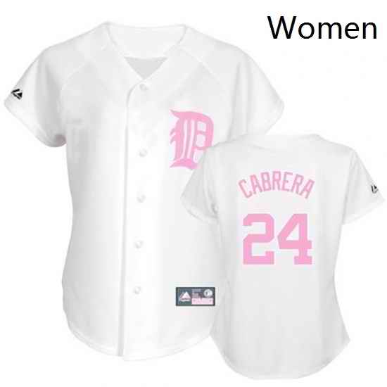 Womens Majestic Detroit Tigers 24 Miguel Cabrera Replica WhitePink No Fashion MLB Jersey